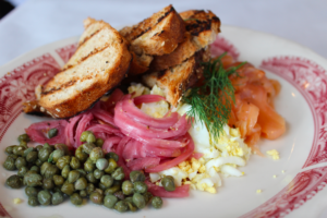 Southern Bistro's house cured salmon with pickled red onion, capers, crumbled egg & grilled bread